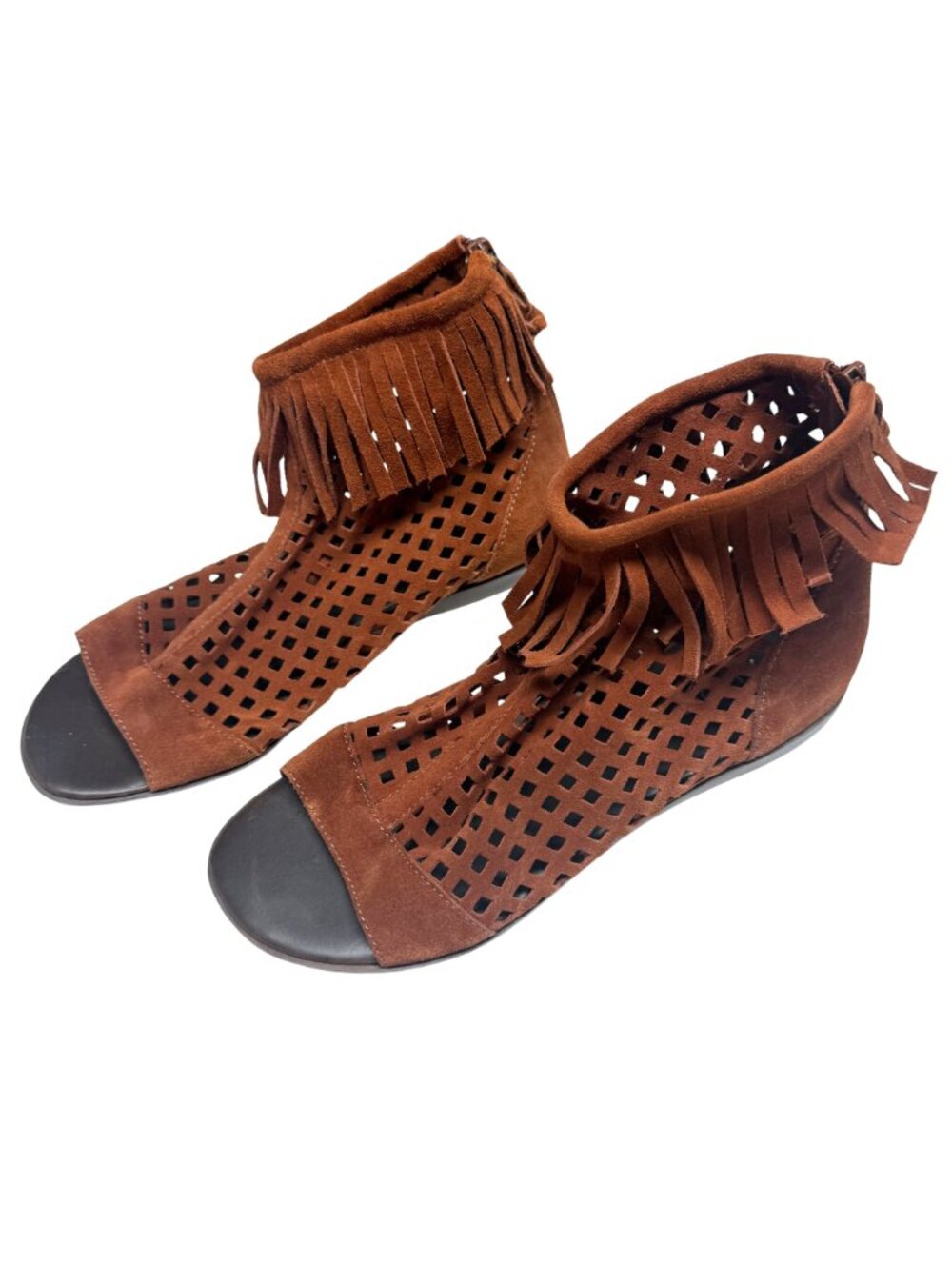 Aldo Fringe Cuff Laser Cut Suede Flat Sandals Cognac Brown Boho Women's Size 9